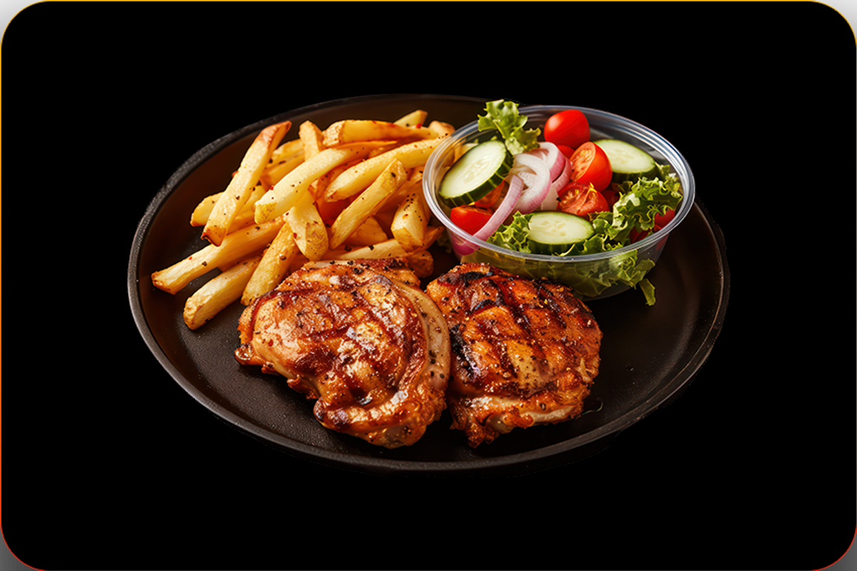 2 Pulpe de Pui Fără Os + Cartofi Prăjiți + Salată Fresh + 1 Franzeluță